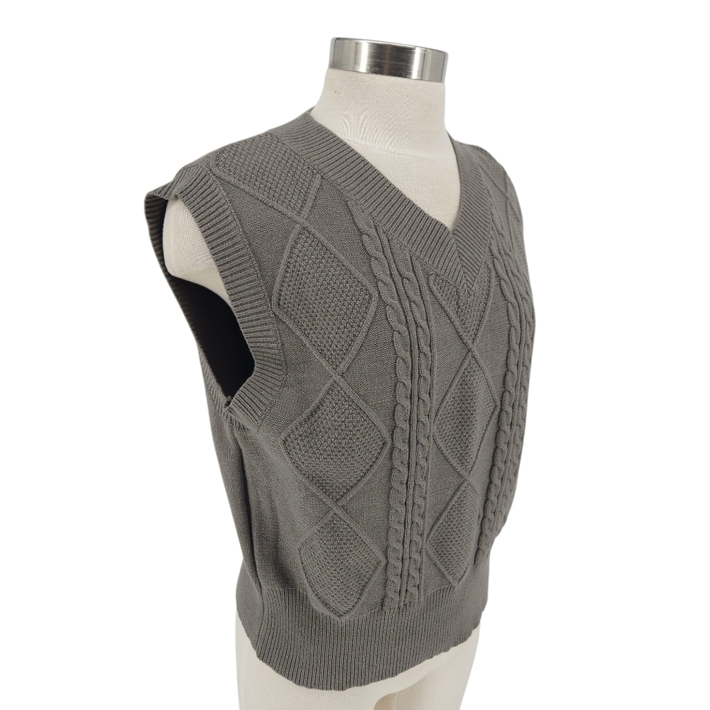 LE LIS Sweater Vest Olive Gray Sleeveless Cable Knit V Neck Pullover Small - Picture 3 of 8